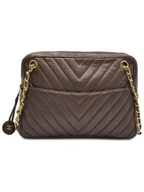Chanel Double Chain V-Stitch Lambskin Brown Shoulder Bag